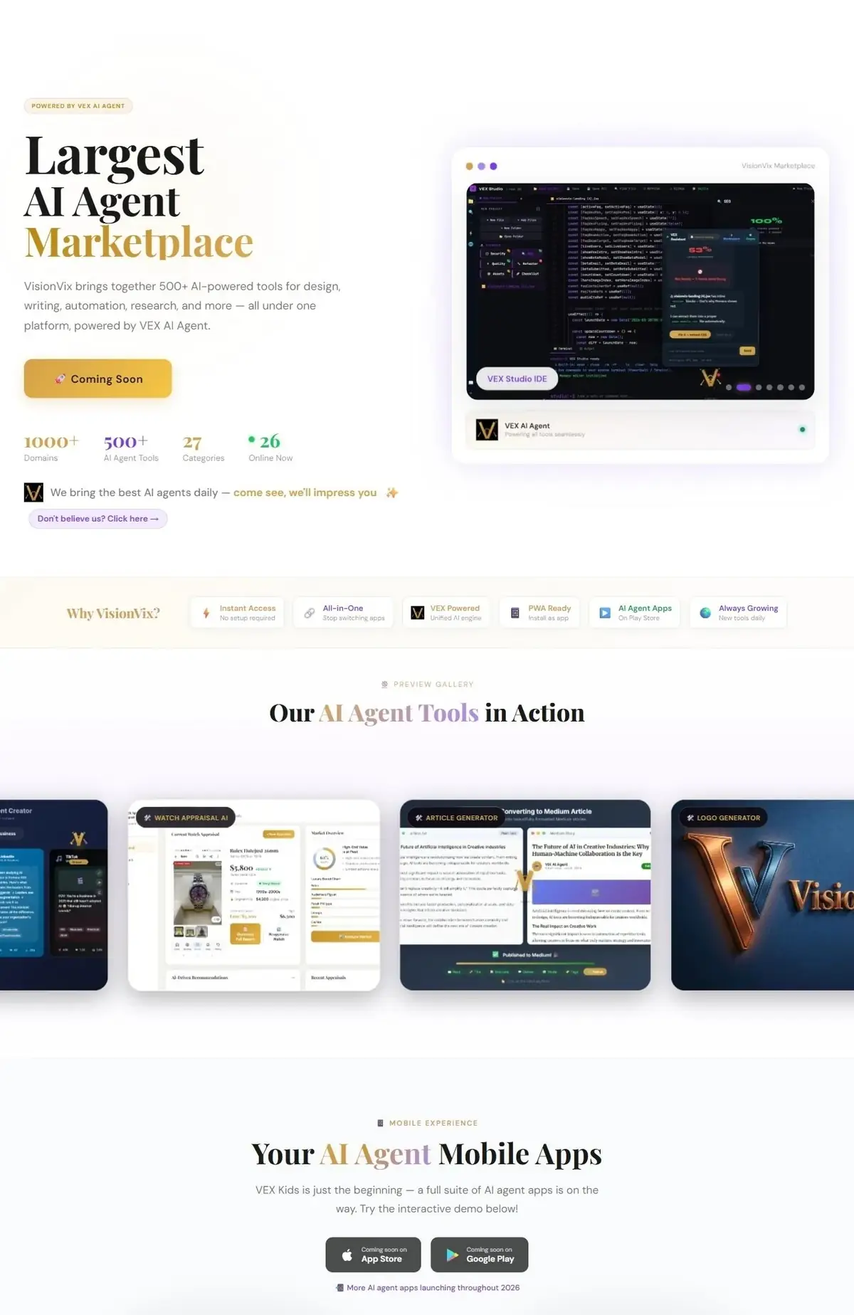 VisionVix — Largest AI Agent Contentplace website screenshot